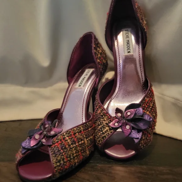 Steve Madden Y2K Tweed Heels Purple Multi Rhinestone Flower Vintage *sz 8.5* - Picture 3 of 8